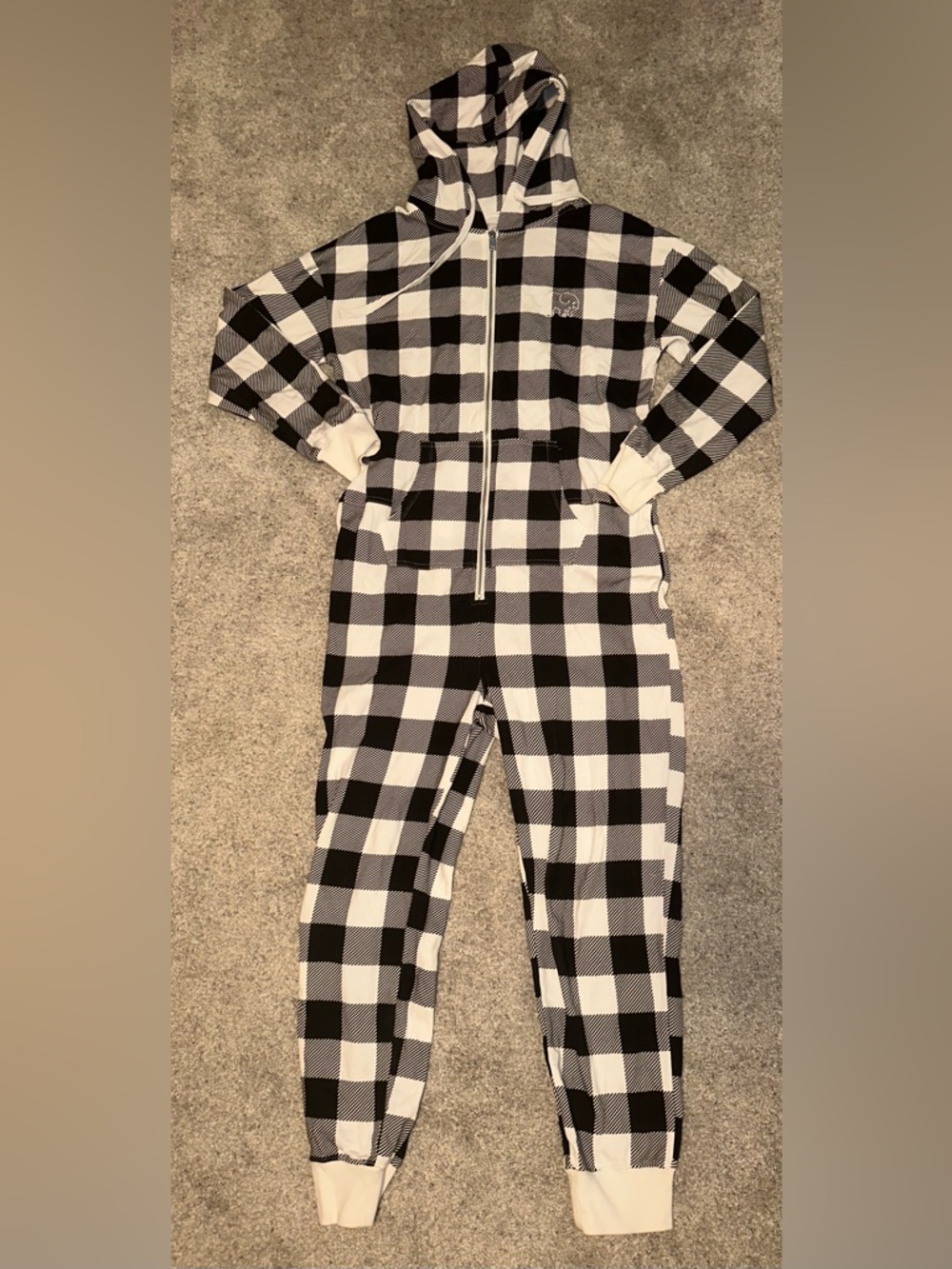 Ivory Ella - Black and White Buffalo Plaid Hooded Jumpsuit Onesie, size small